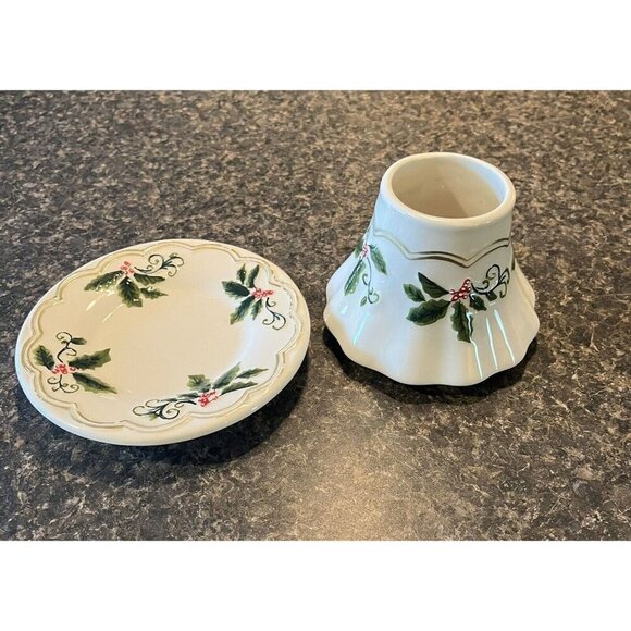 Yankee Candle Small Candle Shade and Plate Set Holly Design Great Condition - Picture 1 of 10